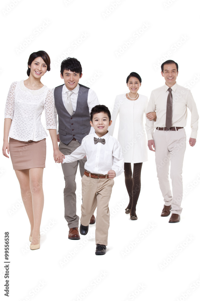 Happy family stepping forward