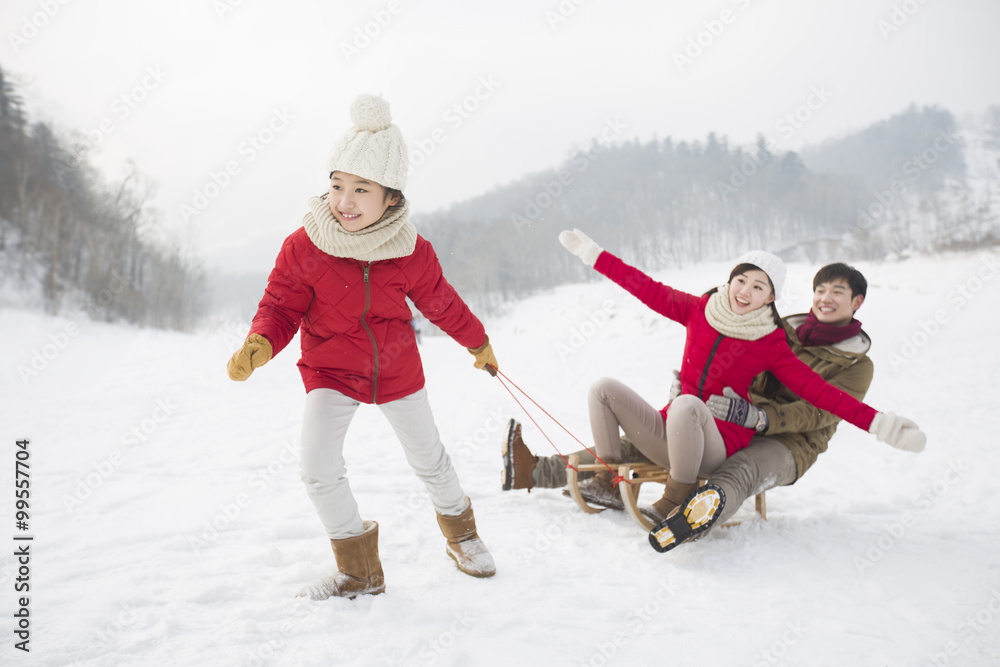 快乐的一家人在雪地上玩雪橇