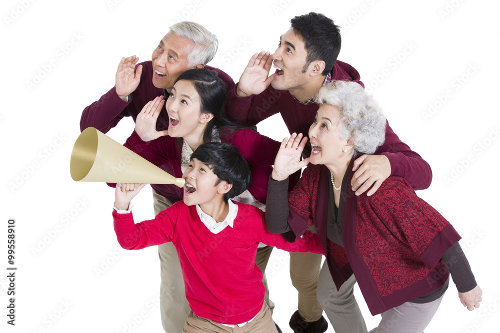 Happy family shouting with loud voice