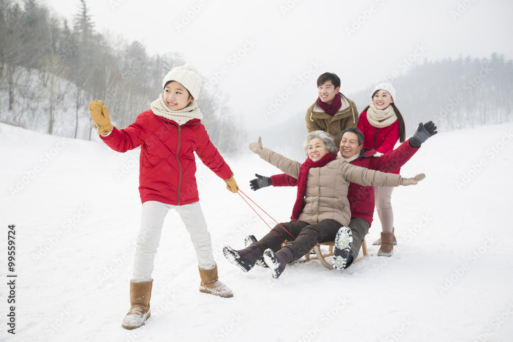 快乐的一家人在雪地上玩雪橇