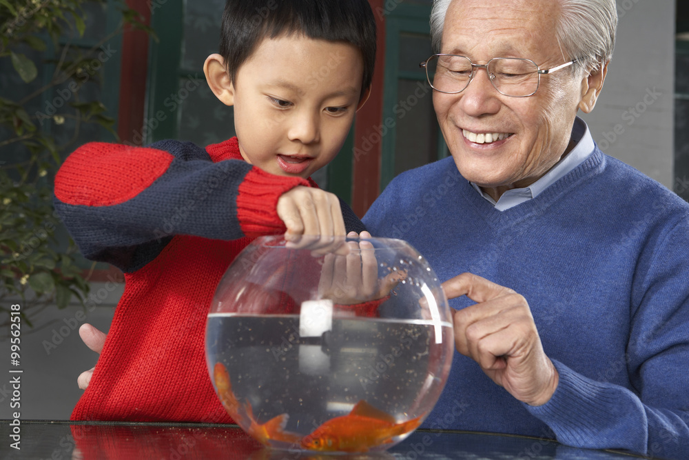 Elderly Man Showing Young Boy Goldfish In A Bowl