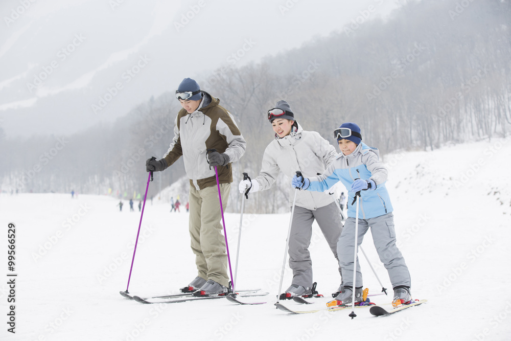 Young family skiing in ski resort