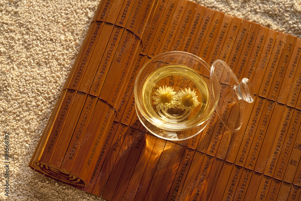 Close-up of Chrysanthemum Tea and bamboo slip