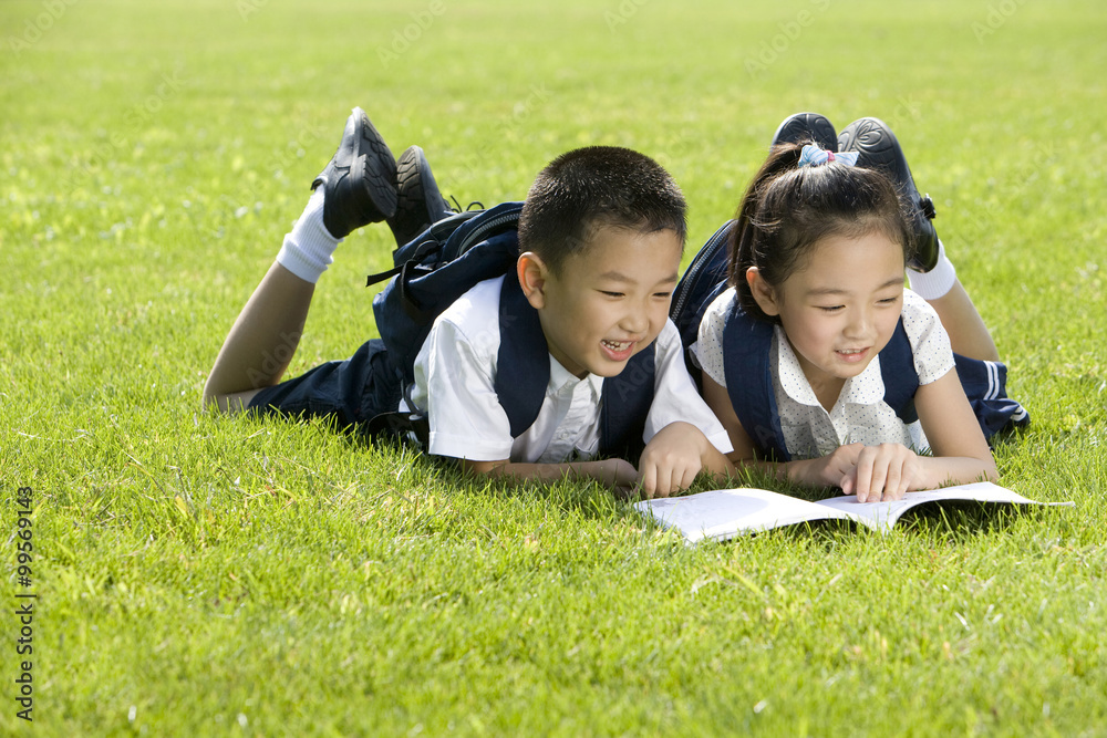 小学生在草地上读书