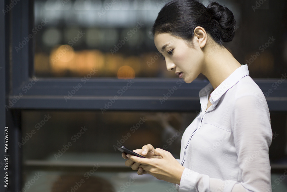 Young businesswoman using smart phone in office