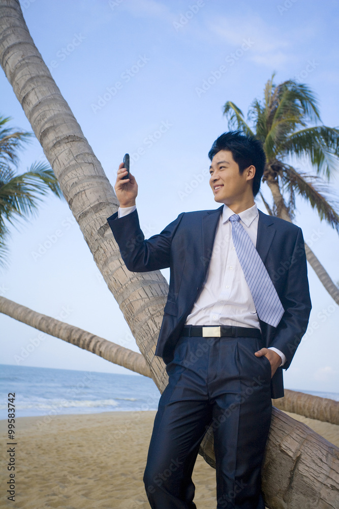 Businessman with his mobile phone on the beach