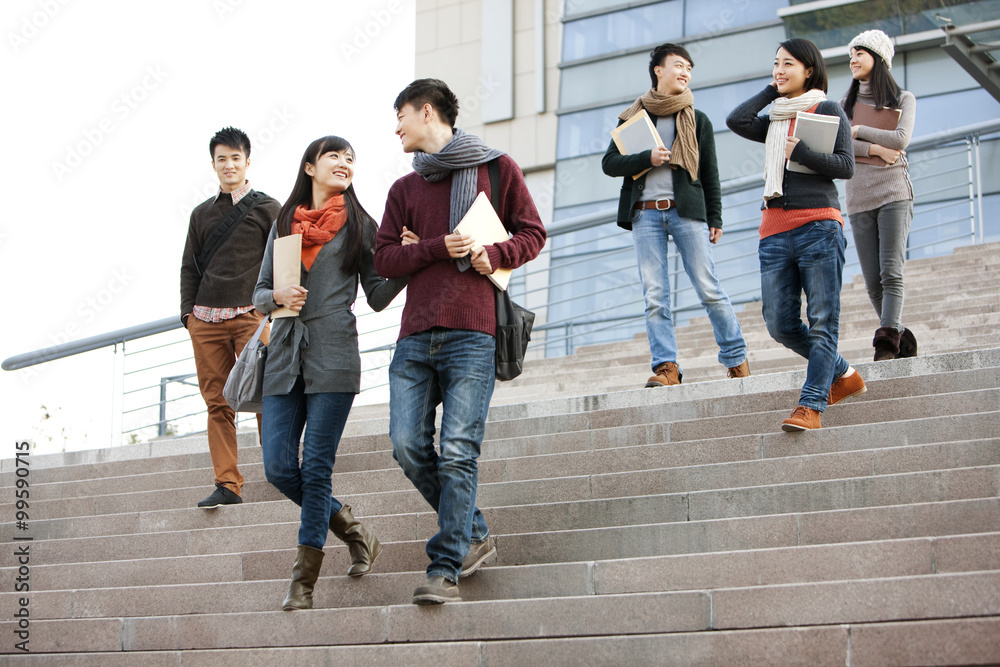 年轻的大学生走下大学大楼的台阶