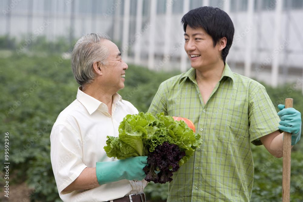 花园里的父亲和成年儿子