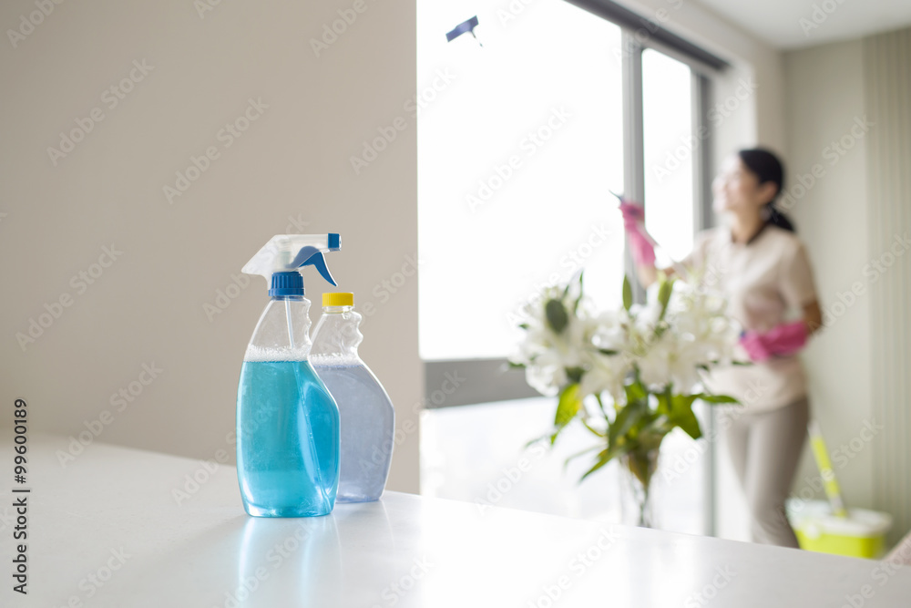 Domestic staff cleaning the window