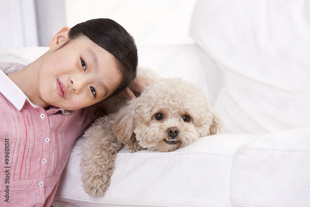 Little girl playing with a pet toy poodle