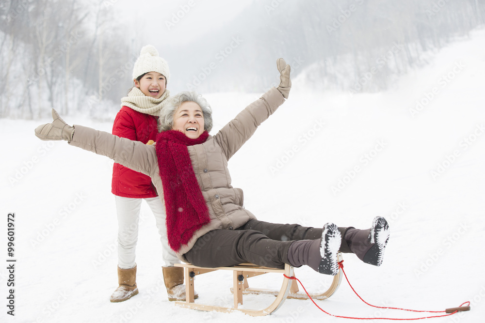 孙女在雪橇上推奶奶