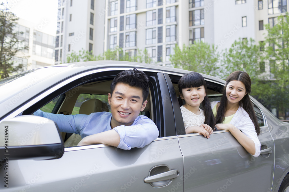 Happy young family in a car