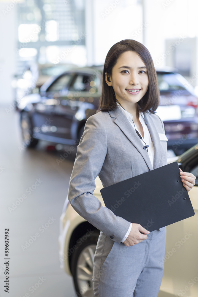 Confident saleswoman standing with new cars in showroom