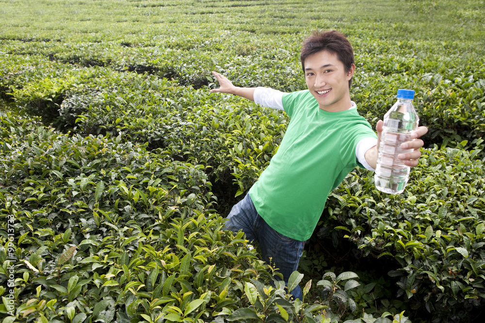 Young Man in Tea Field with a Bottle of Water