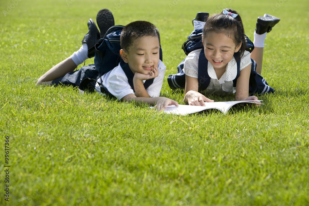 小学生在草地上读书