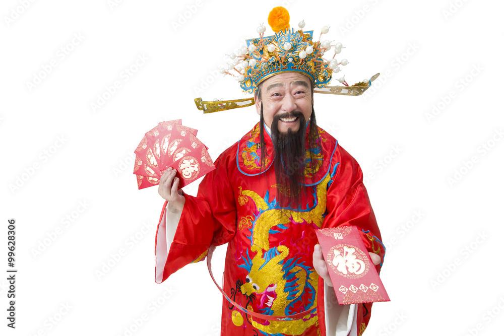 Chinese God of Wealth with red packets celebrating Chinese New Year