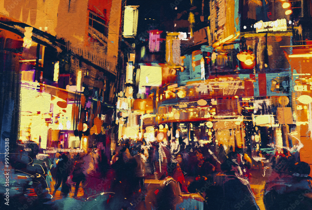 painting of city life at night,people walking in city,illustration