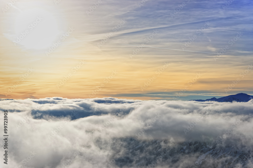 Sun and clouds on the top of Kasprowy Wierch of Zakopane in wint