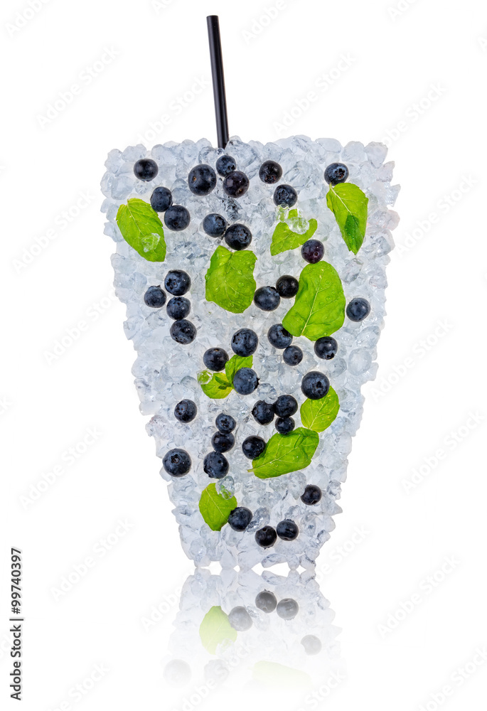 Ice blueberries cocktail with ice cubes on white background