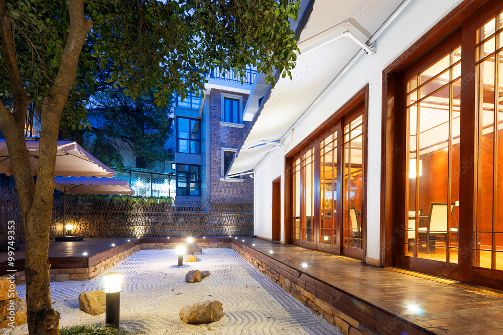 footpath front of modern building at night