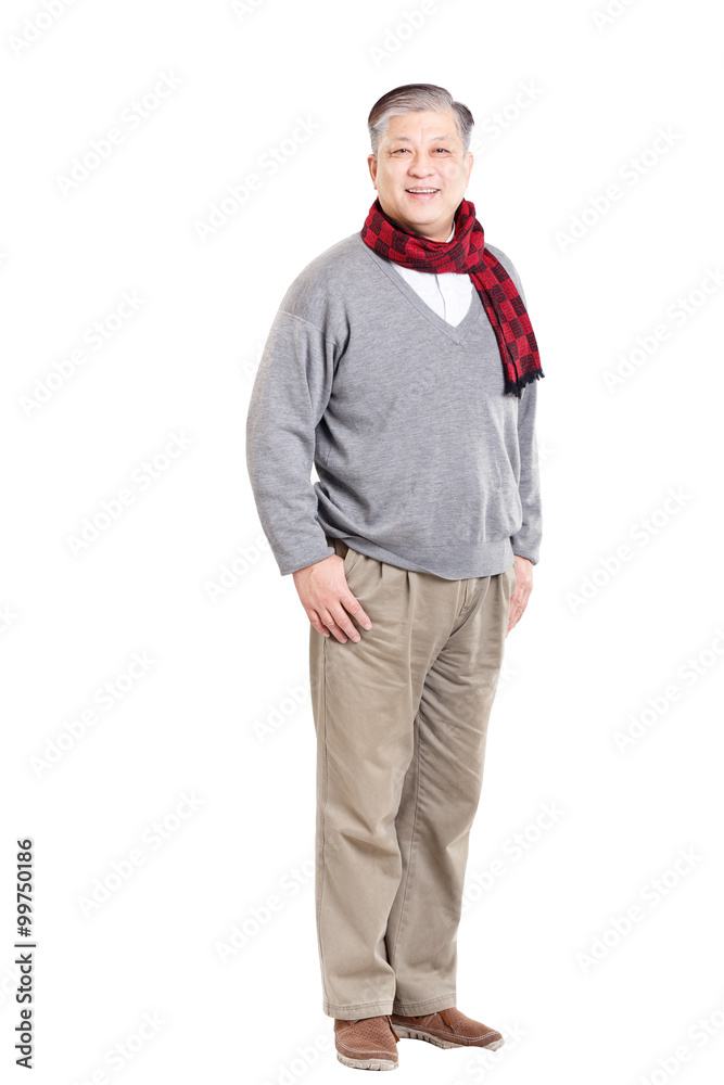 old standing Asian man in grey jumper and scarf