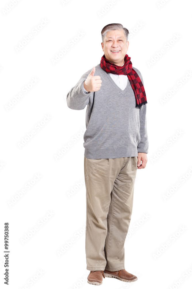 old standing Asian man in grey jumper and scarf