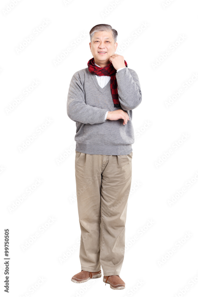 old standing Asian man in grey jumper and scarf