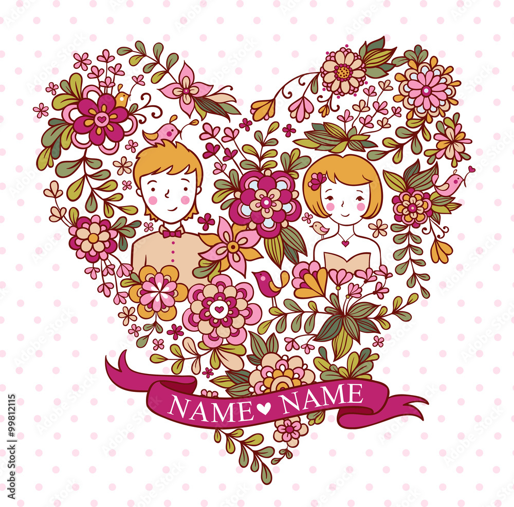 Wedding heart with flowers and birds.