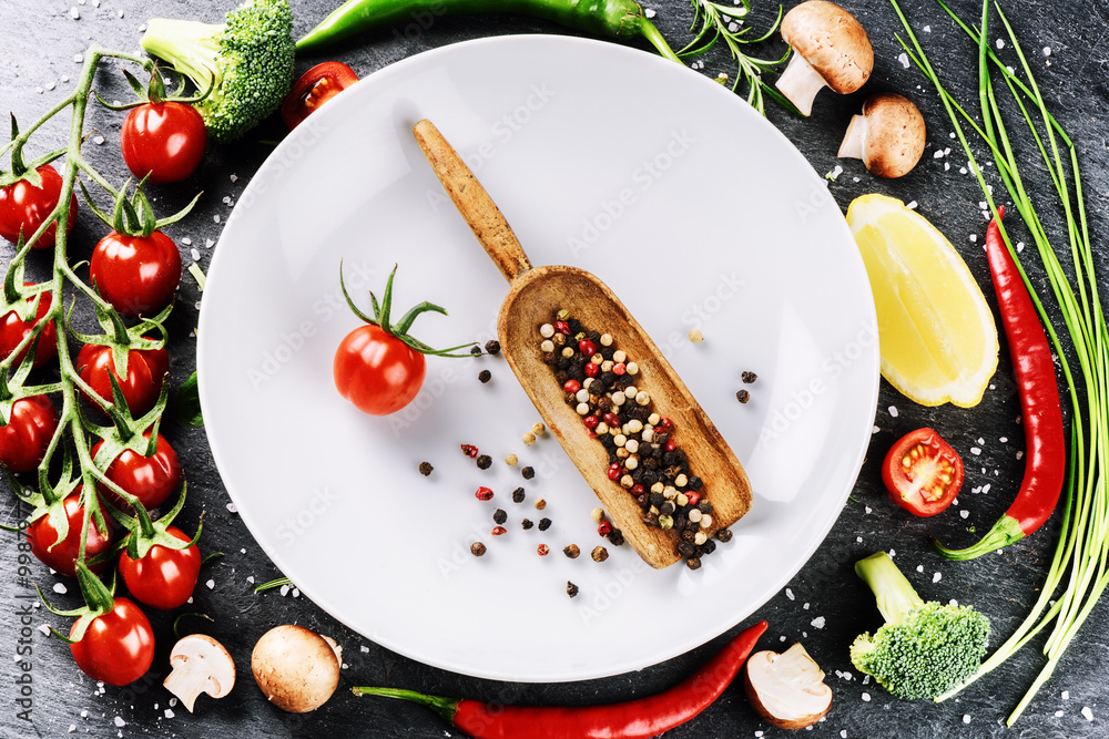 Fresh ingredients for healthy cooking. Cherry tomatoes, chive, b