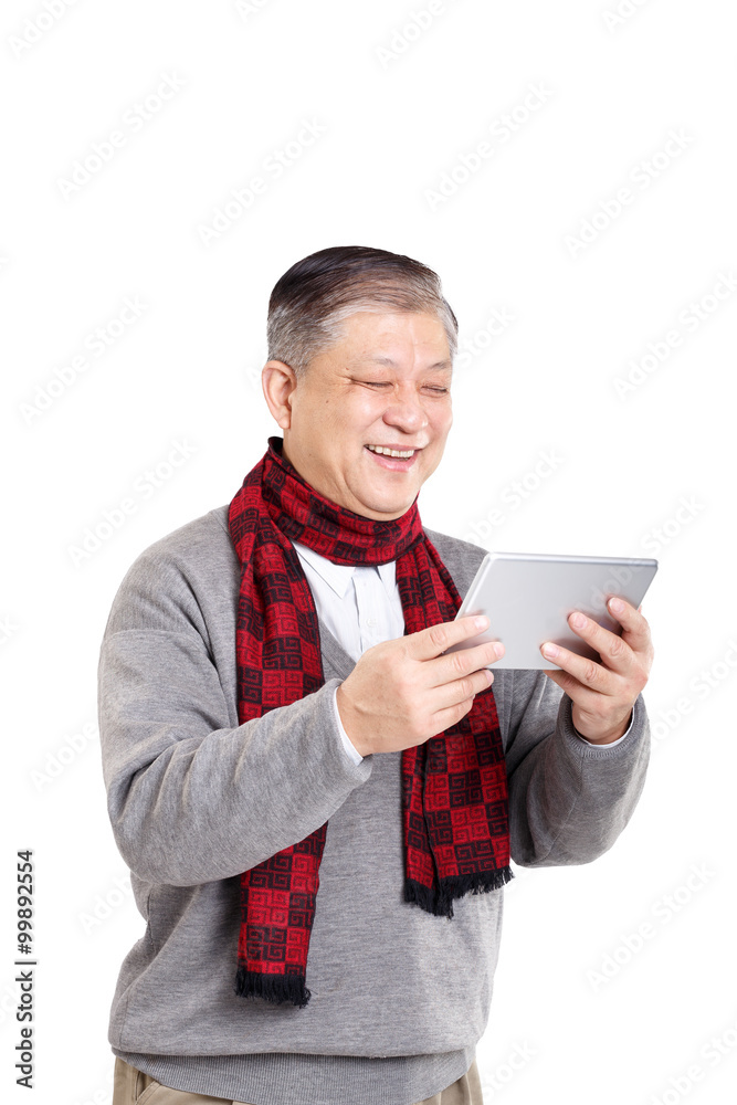 portrait Asian old man in sweater and scarf with tablet