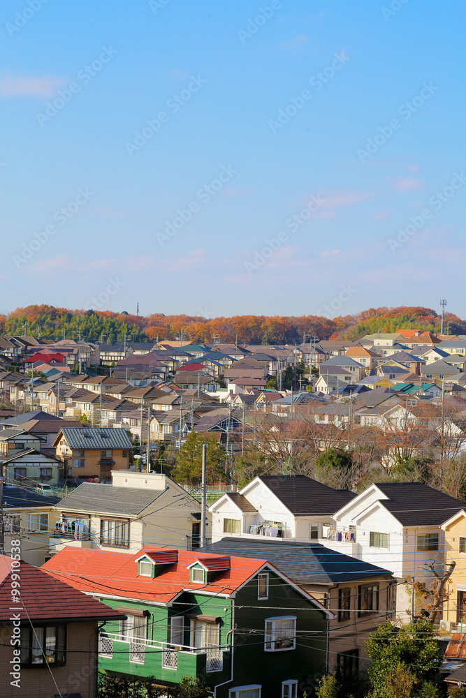 家並と紅葉と青空