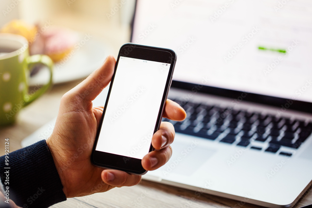 Close up of man hands with cellphone