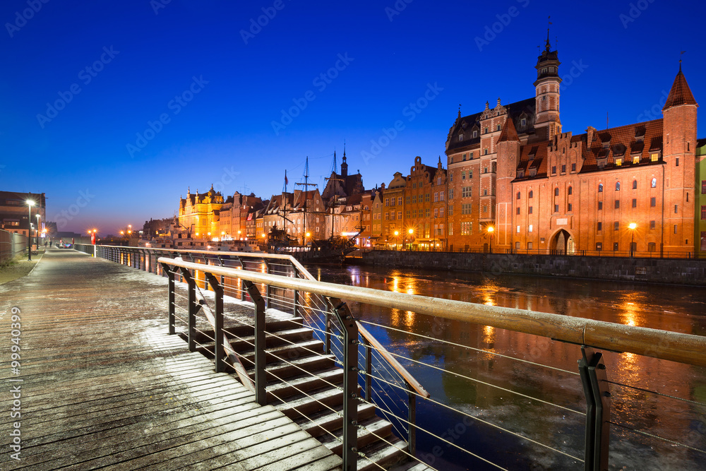 Old town of Gdansk at frozen Motlawa river, Poland