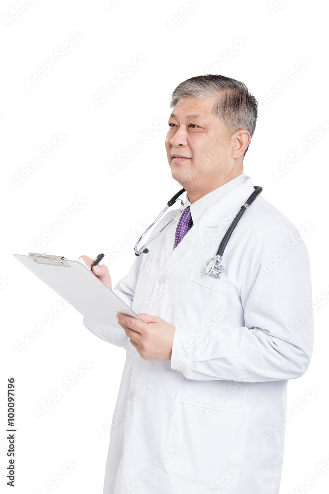 old asian man doctor writing on clipboad