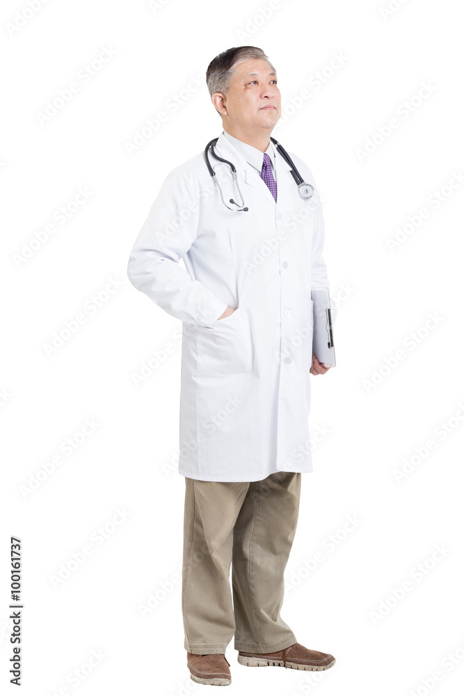 old asian man doctor in white with stethoscope and clipboard