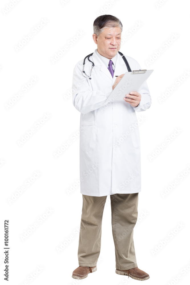 old asian man doctor in white with stethoscope and clipboard