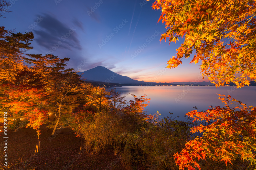 Fuji in Fall near Lake Yamanaka in Japan.