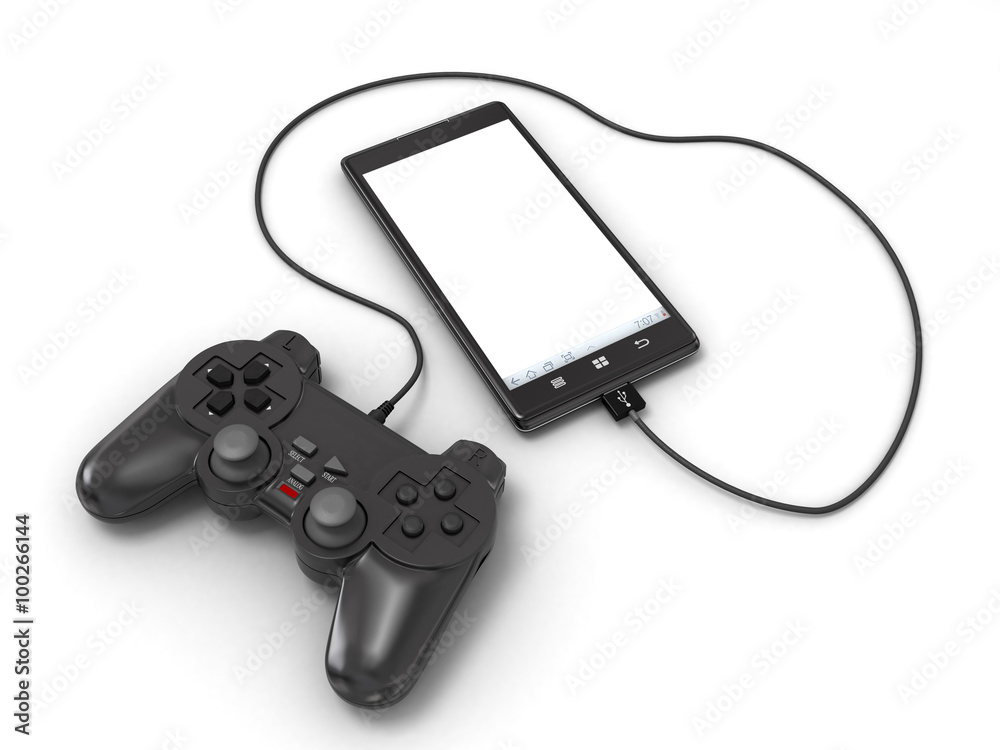 the joystick is connected to the phone isolated on white backgro