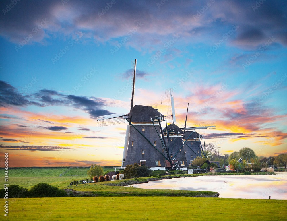 Windmills and water canal, Netherlands