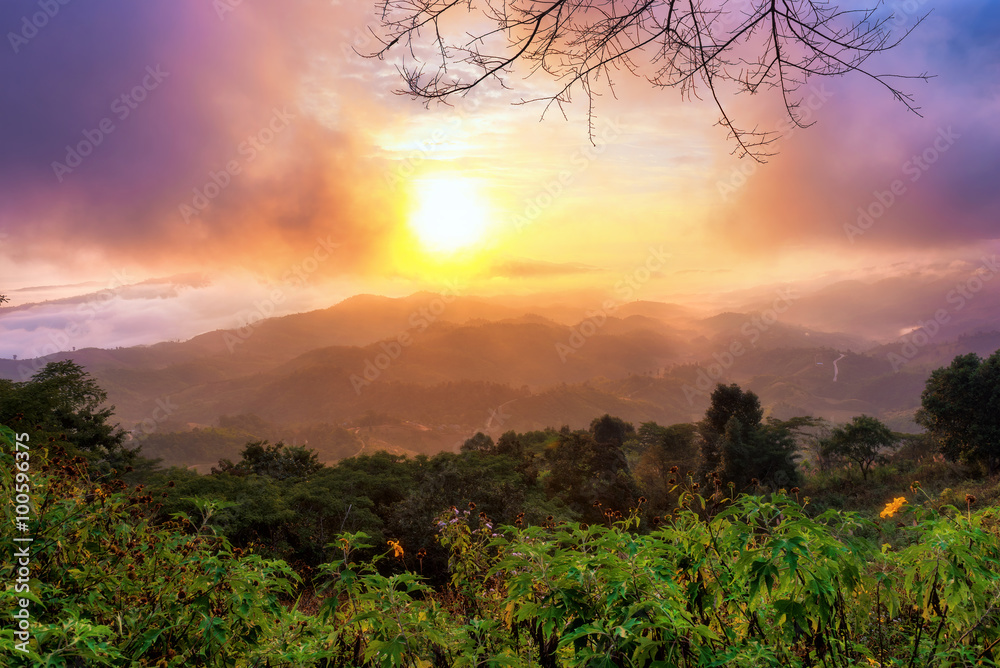 Sunrise view of mountain and mist in morning at Doi Hua Mae Kham, Chiangrai province,Thailand.