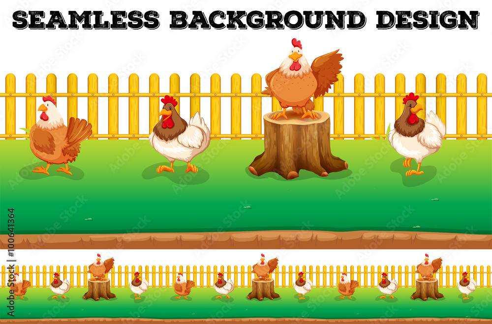 Seamless background with chickens on the farm