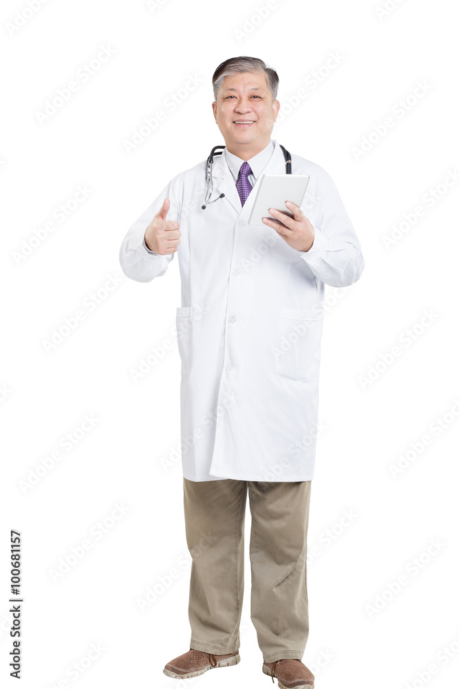 old asian man doctor in white with digital tablet