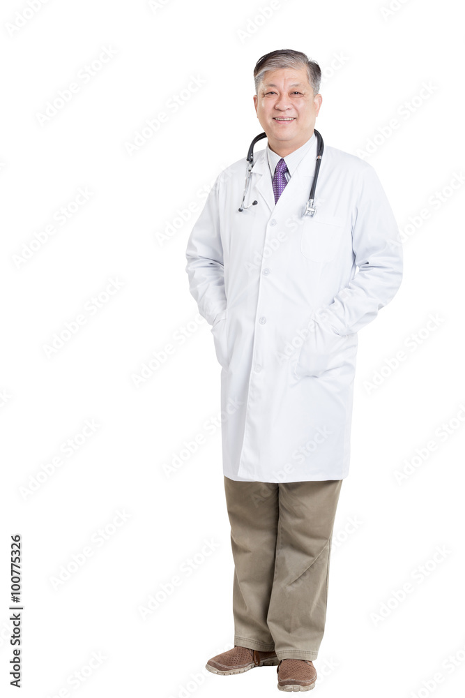 gesture of old asian man doctor in white with stethoscope