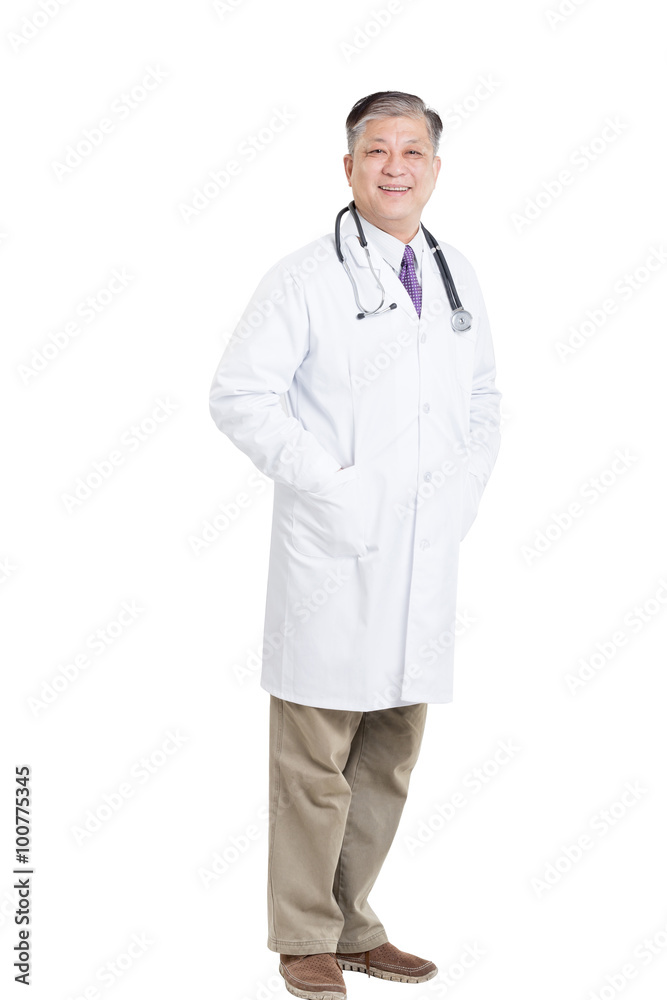 gesture of old asian man doctor in white with stethoscope