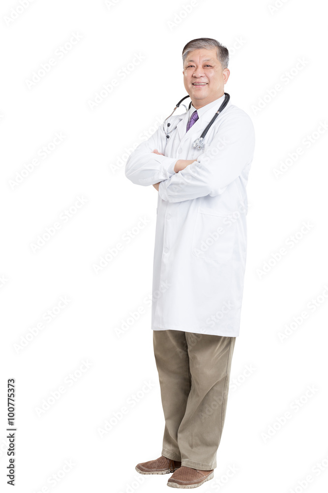 gesture of old asian man doctor in white with stethoscope