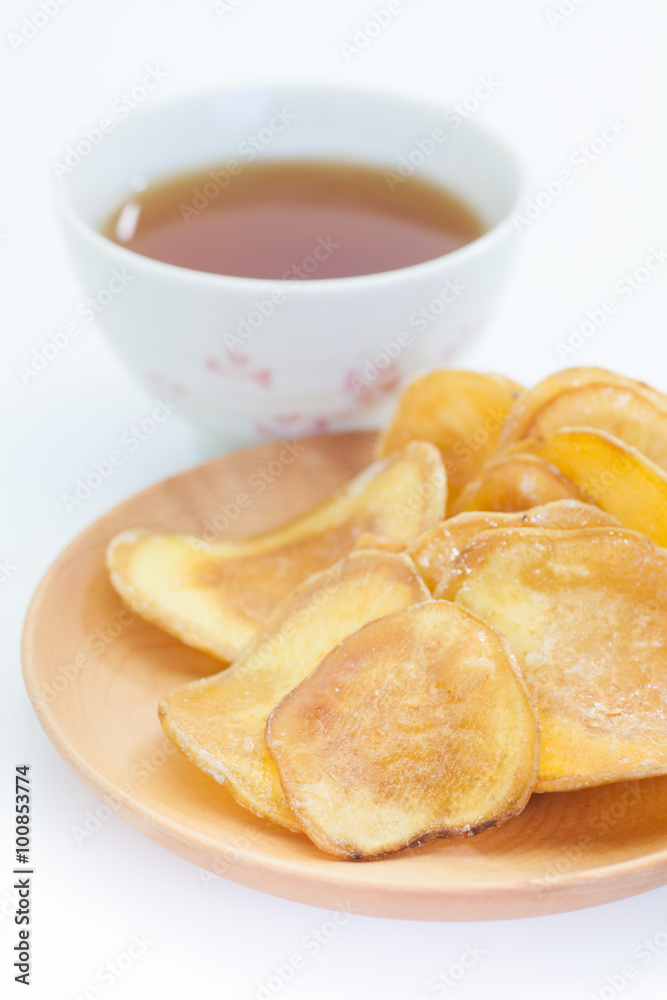 Dried potato slice and  coated with sugar