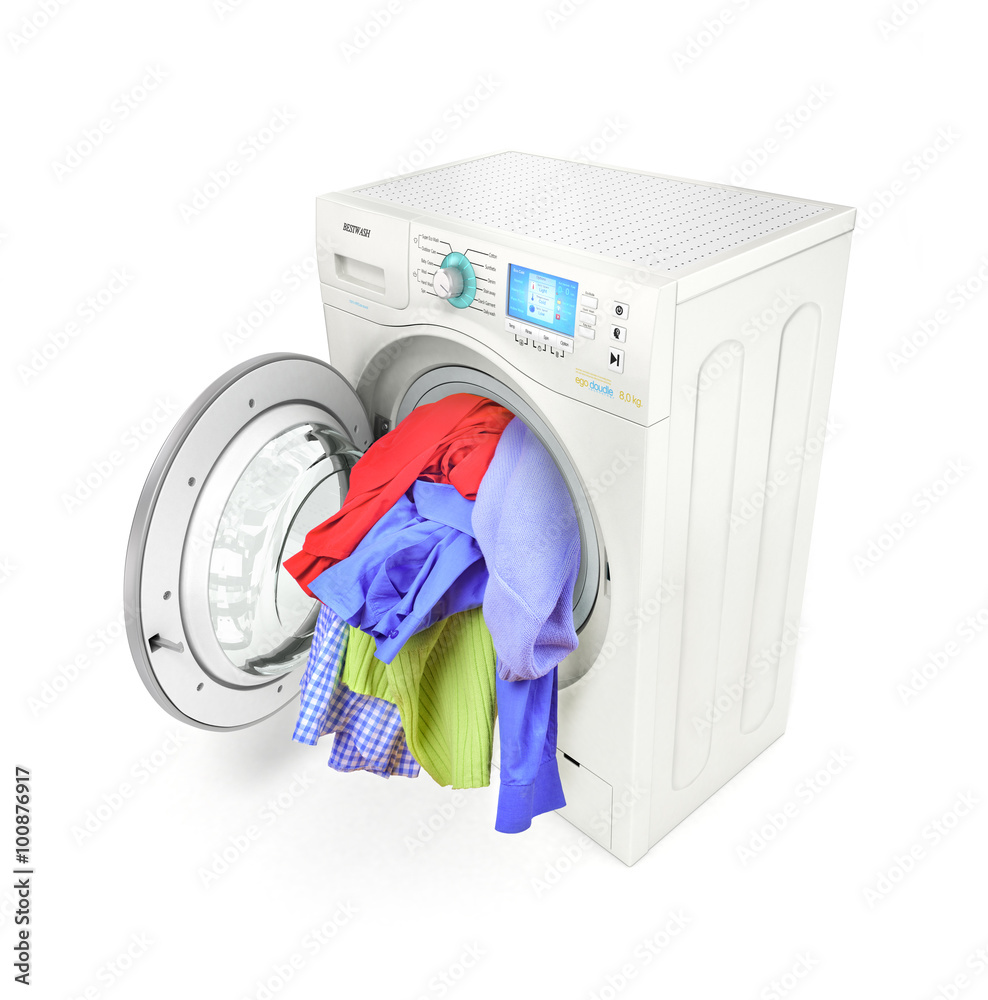 A close up of a washing machine loaded with clothes isolated on