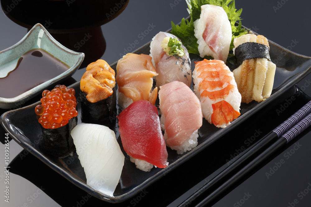 Japanese seafood sushi /many tasty fresh japanese sushi with tuna, caviar and shrimp