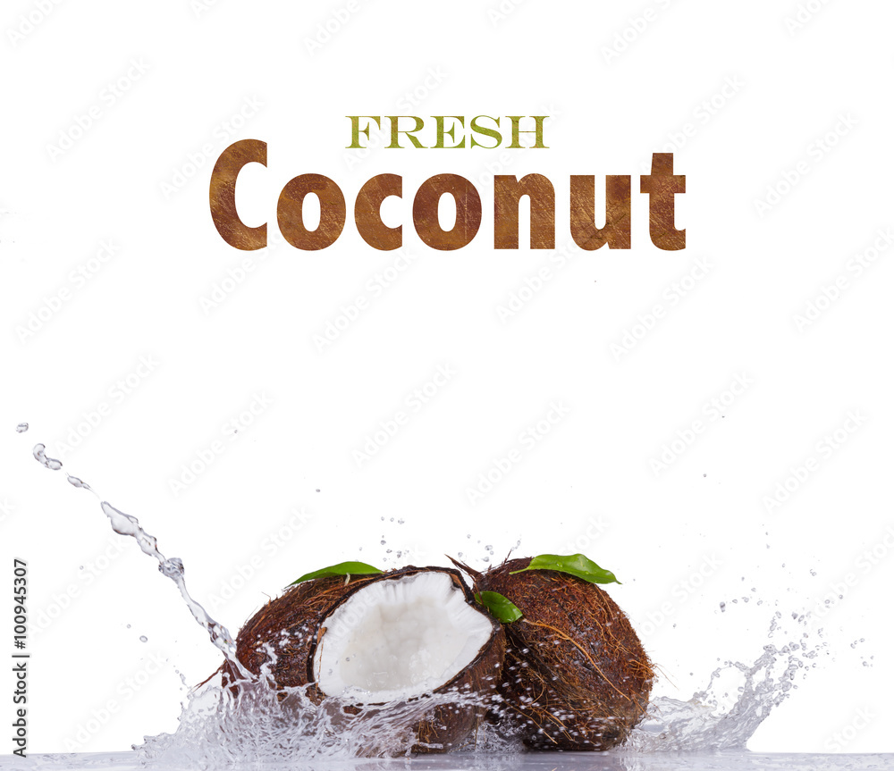 Fresh coconuts in water splash on white background