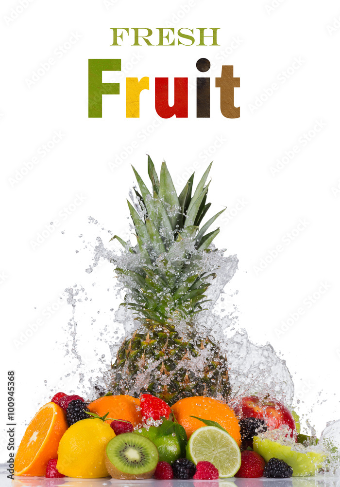 Fresh fruit in water splash on white background